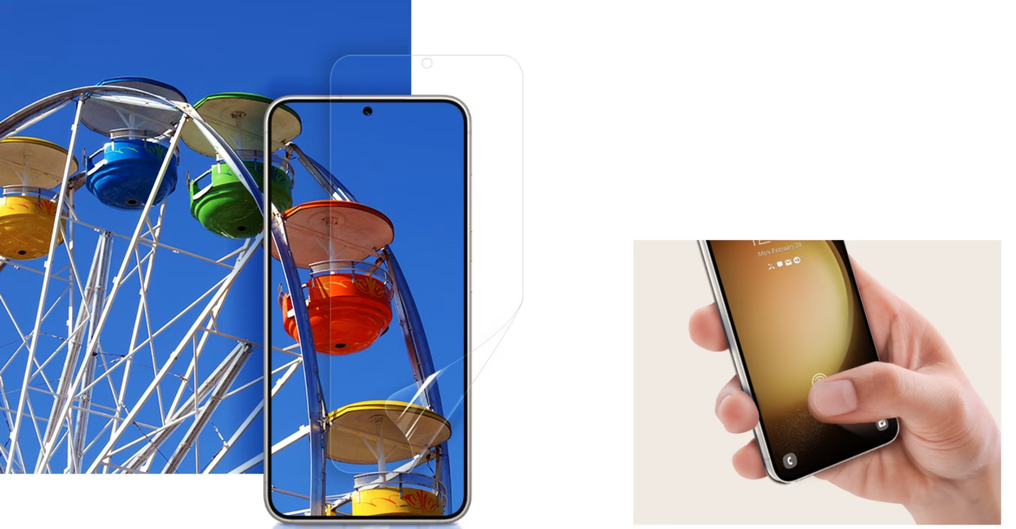 Một bàn tay đang cầm điện thoại có Dán Màn Hình khi ngón tay cái chạm nhẹ vào màn hình để thể hiện độ nhạy cao của miếng dán. Một chiếc điện thoại Galaxy S23 có Dán Màn Hình được đặt trên một bức tranh đầy màu sắc có thể nhìn thấy rõ qua thiết bị như nhìn thấy qua kính.